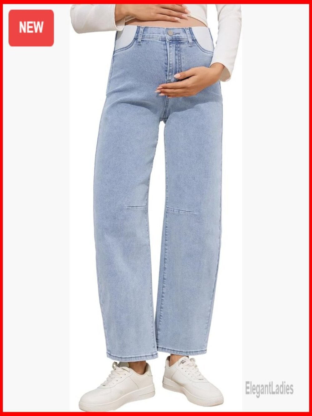 Maternity Mid-Rise Wide Leg Jeans Adjustable Band Stretch Denim Pants